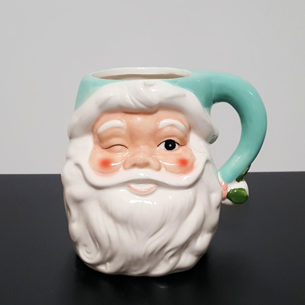 NEW Transpac Pastel Turquoise Winking Retro Christmas Santa Mug 30 OZ Dolomite